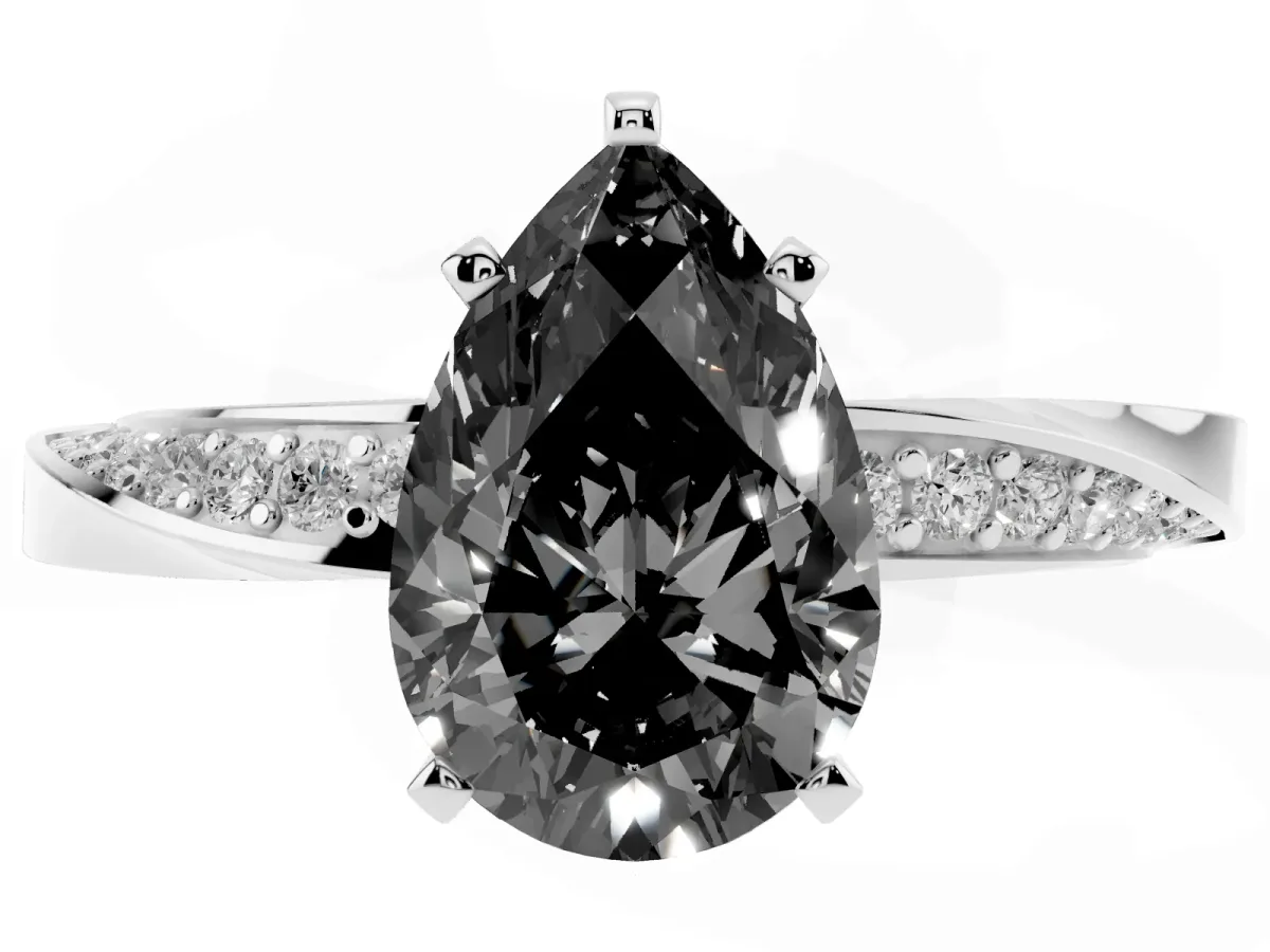 Fancy Black Pear Cut Diamond Engagement Ring with Side Stone Accents and Four-Prong Setting Silver