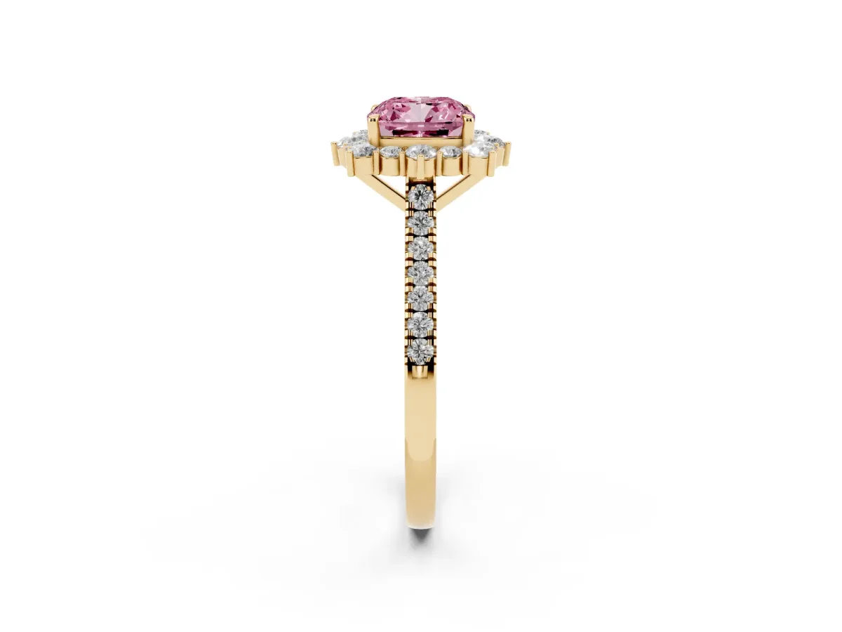 Fancy Pink Cushion Cut Halo Diamond Ring with Pavé Band and Prong Setting Yellow gold