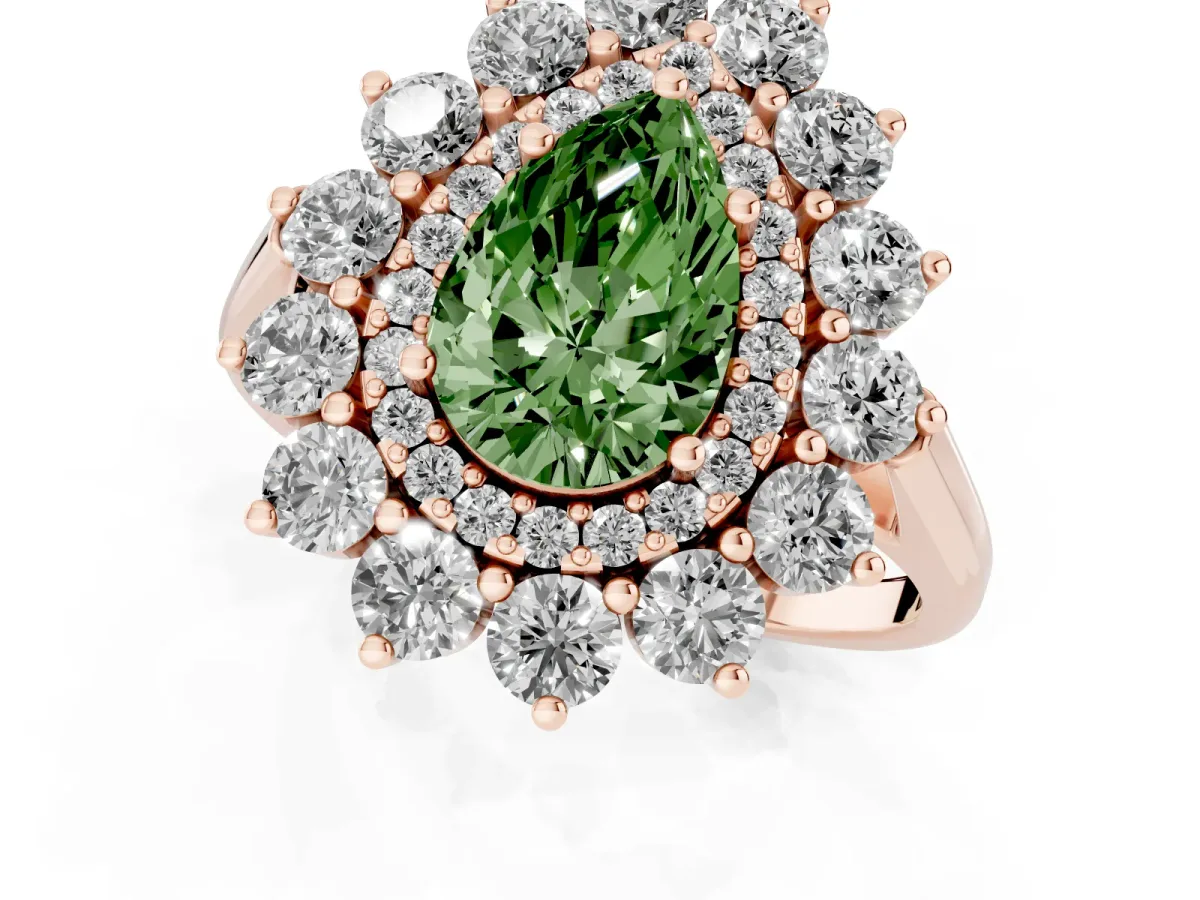 Fancy Green Pear Cut Diamond Floral Double Halo Engagement Ring with Prong Setting Rose gold