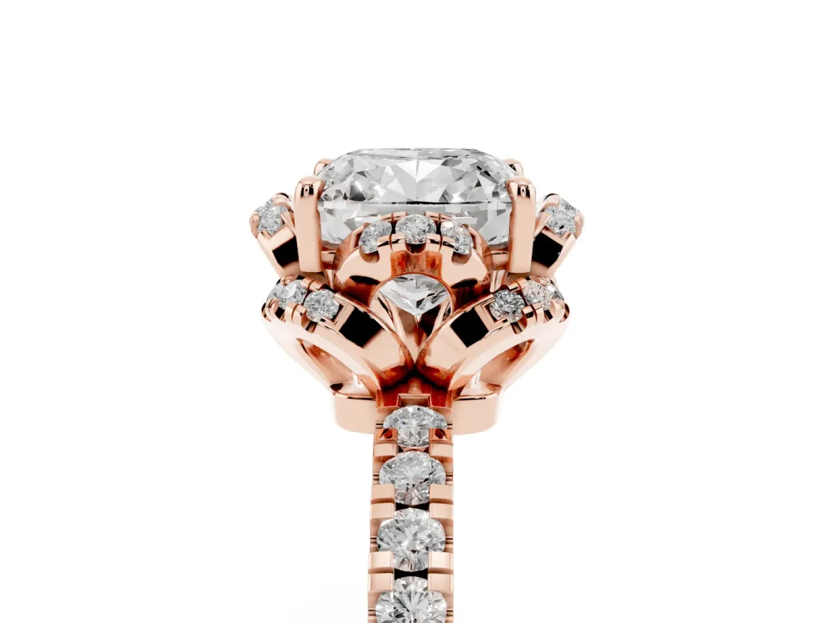 Cushion Cut Diamond Halo Pave Band with Four-Prong Setting Rose gold