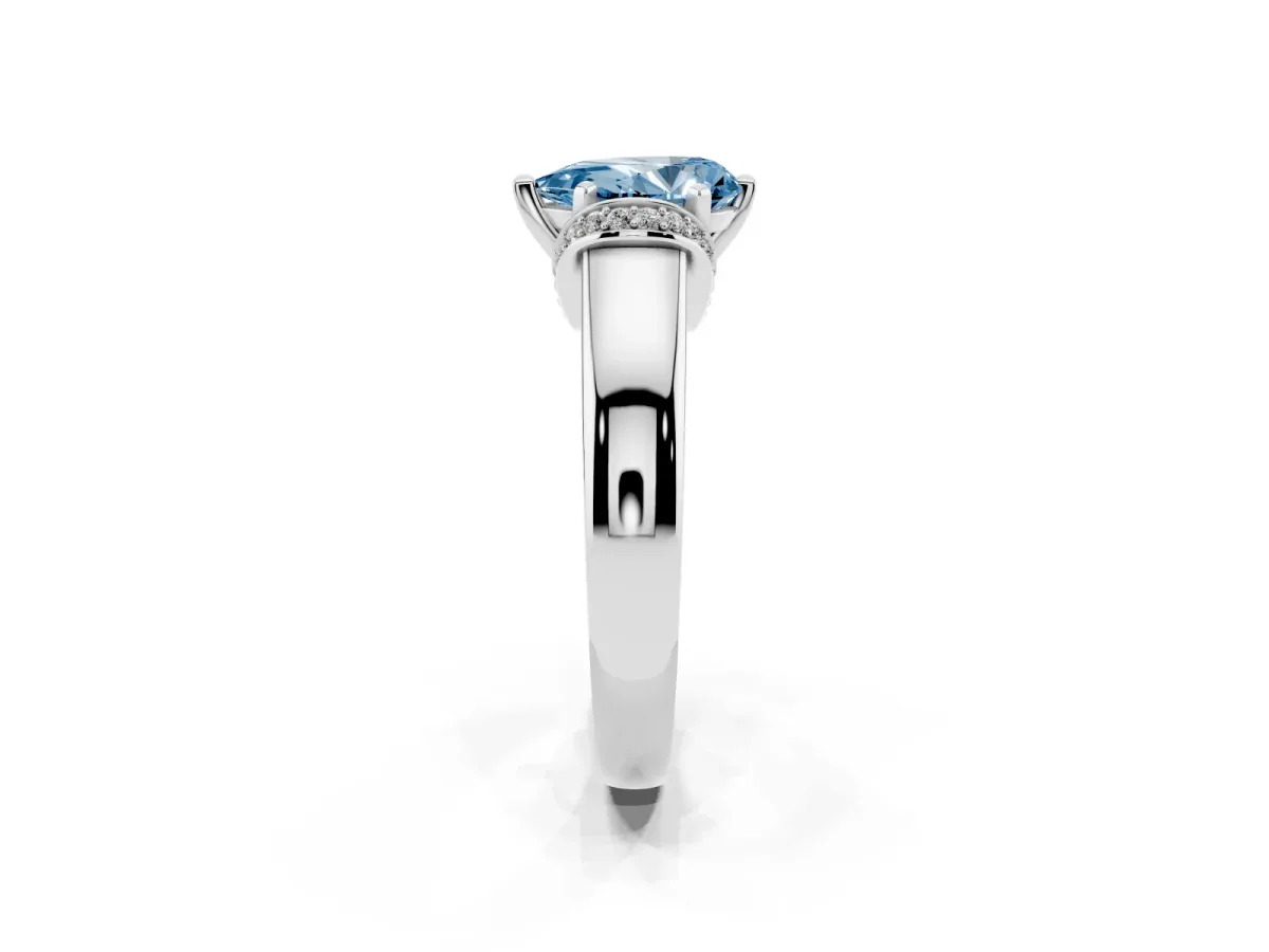 Fancy Blue Pear Cut Solitaire Diamond Ring with Pave Band and Six-Prong Setting Silver