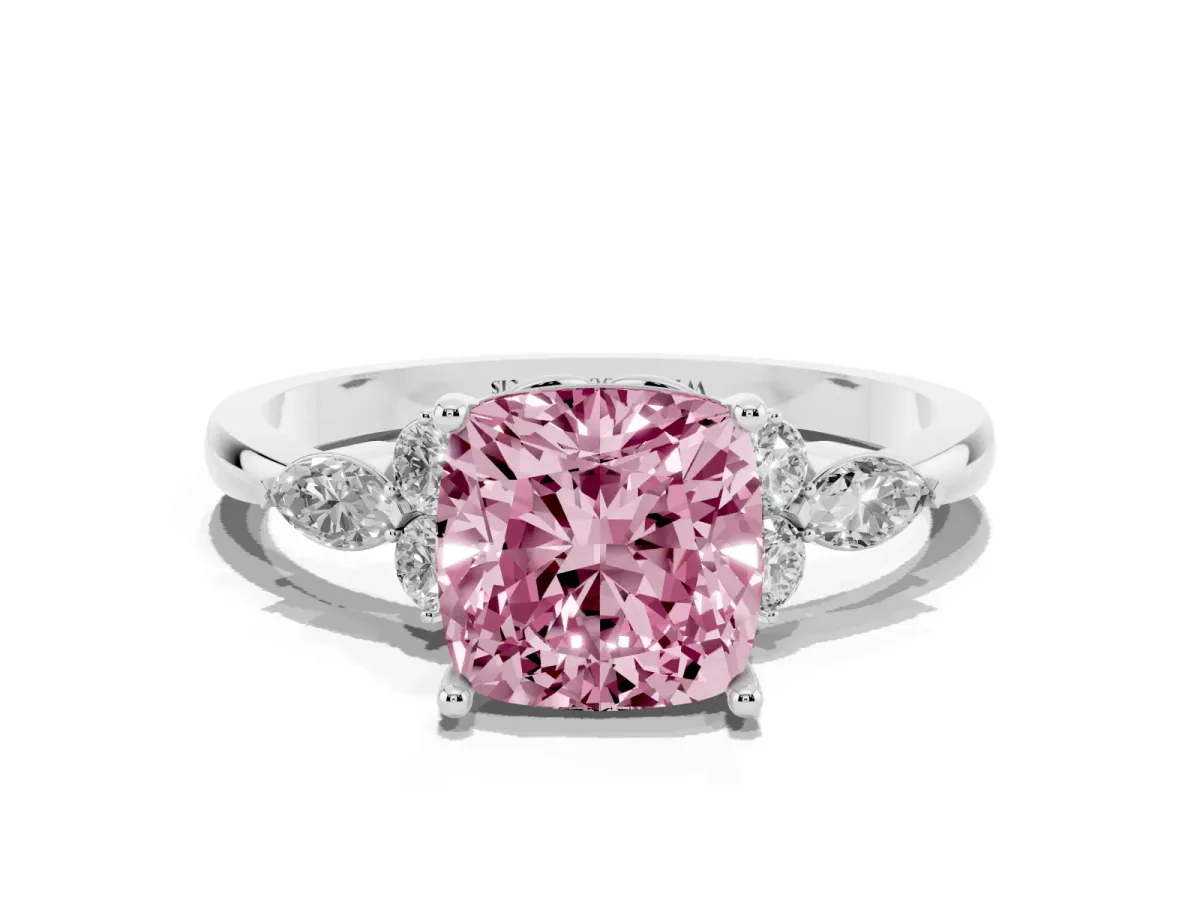 Fancy Pink Cushion Cut Brilliant Diamond Solitaire Ring with Pear Side Stones and Four-Prong Setting Silver