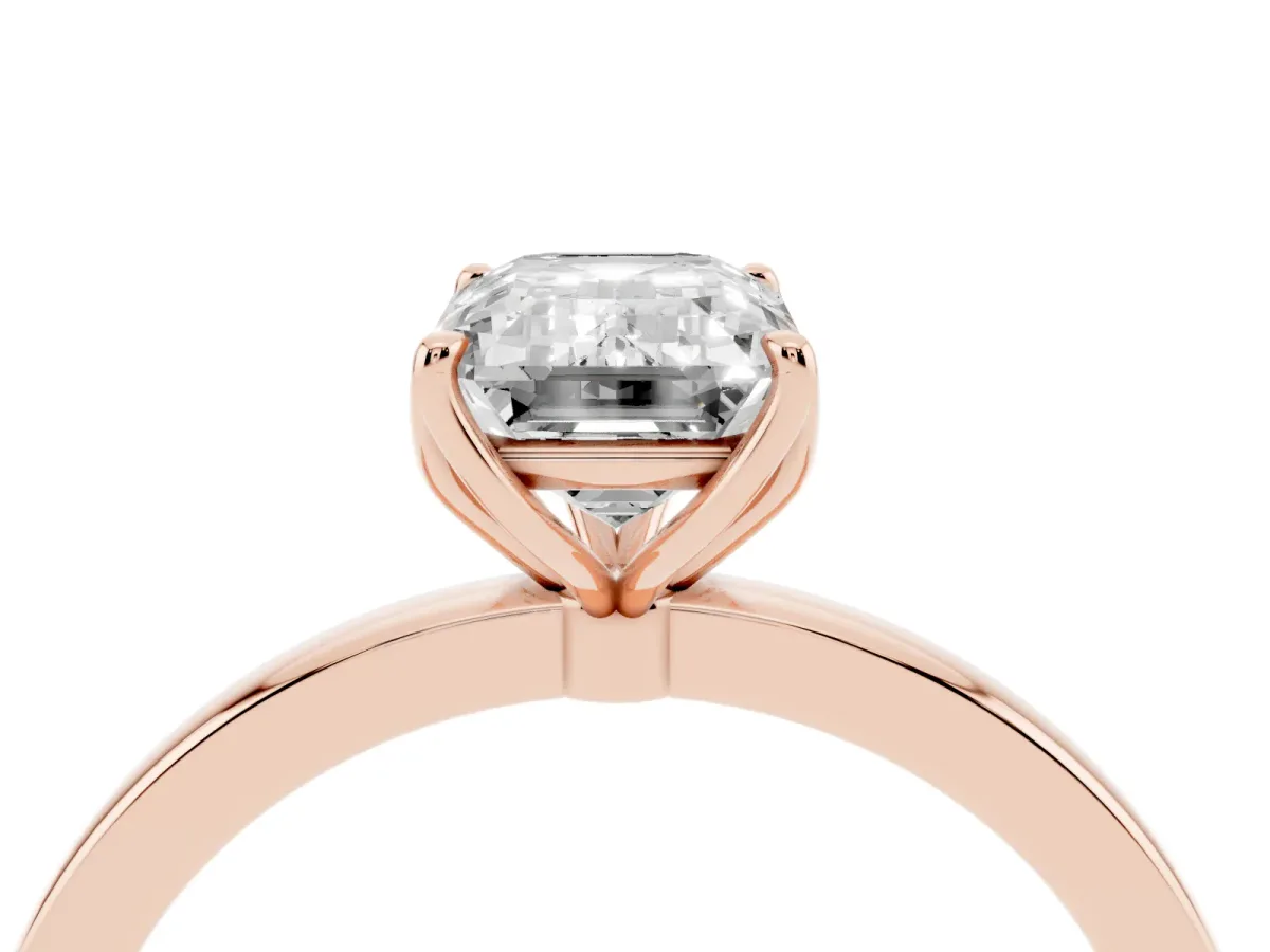 Emerald Cut Diamond Solitaire Ring with Thin Band and Prong Setting Rose gold