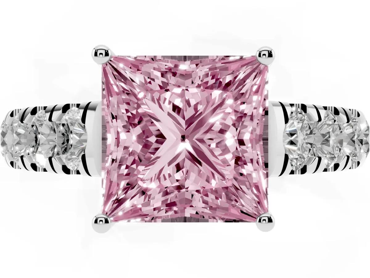 Fancy Pink Princess Cut Cut Diamond Solitaire Ring with Micro Pave Band and Prong Setting Silver