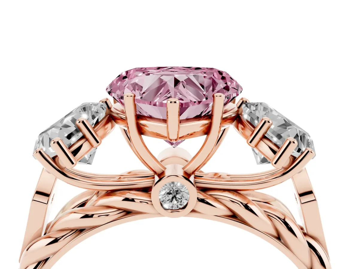 Fancy Pink Three-Stone Heart Cut Diamond Braided Band Ring with Four-Prong Setting Rose gold