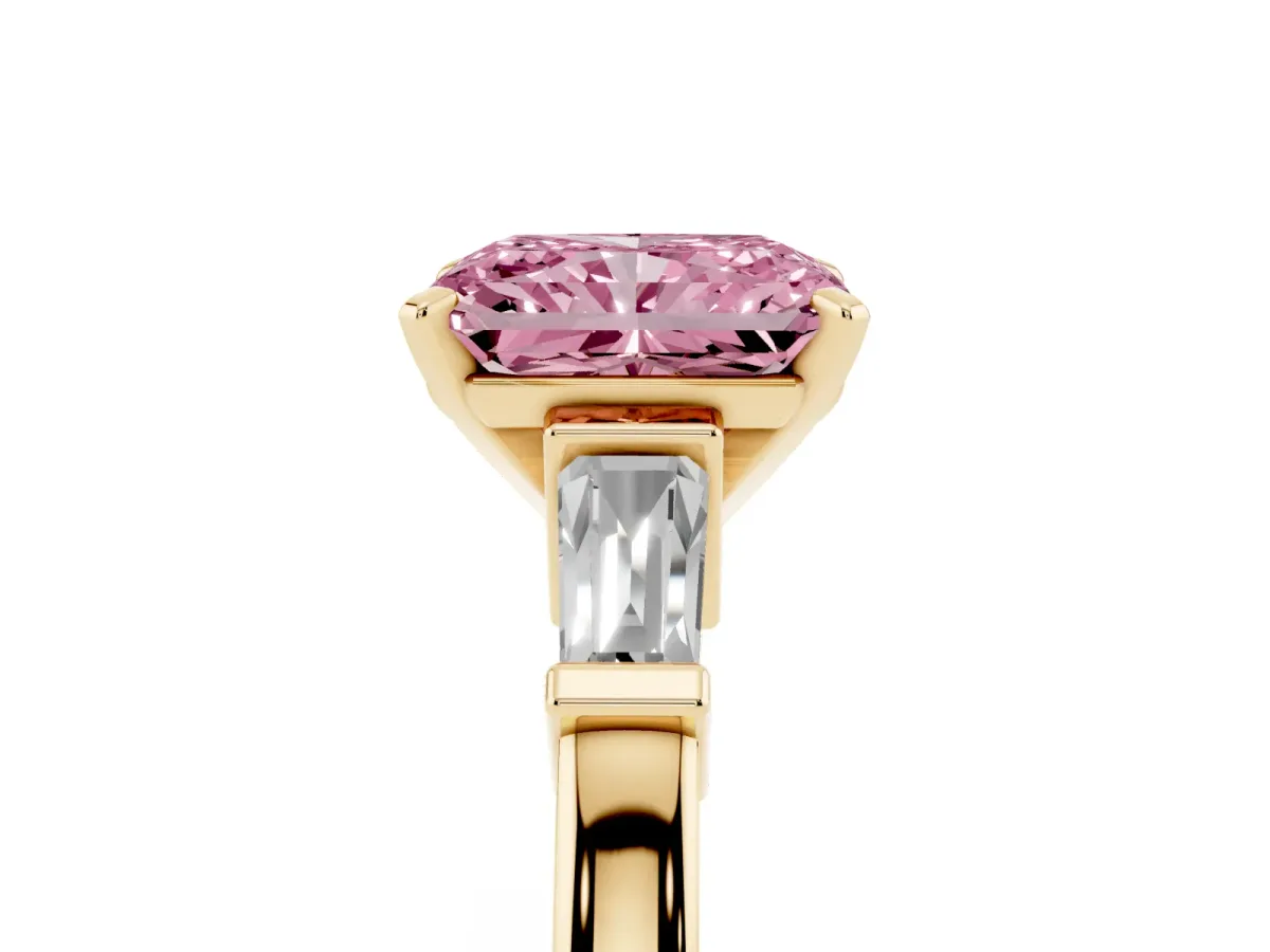 Fancy Pink Radiant Cut Cut Diamond Solitaire Ring with Tapered Baguette Accents and Four-Prong Setting Yellow gold