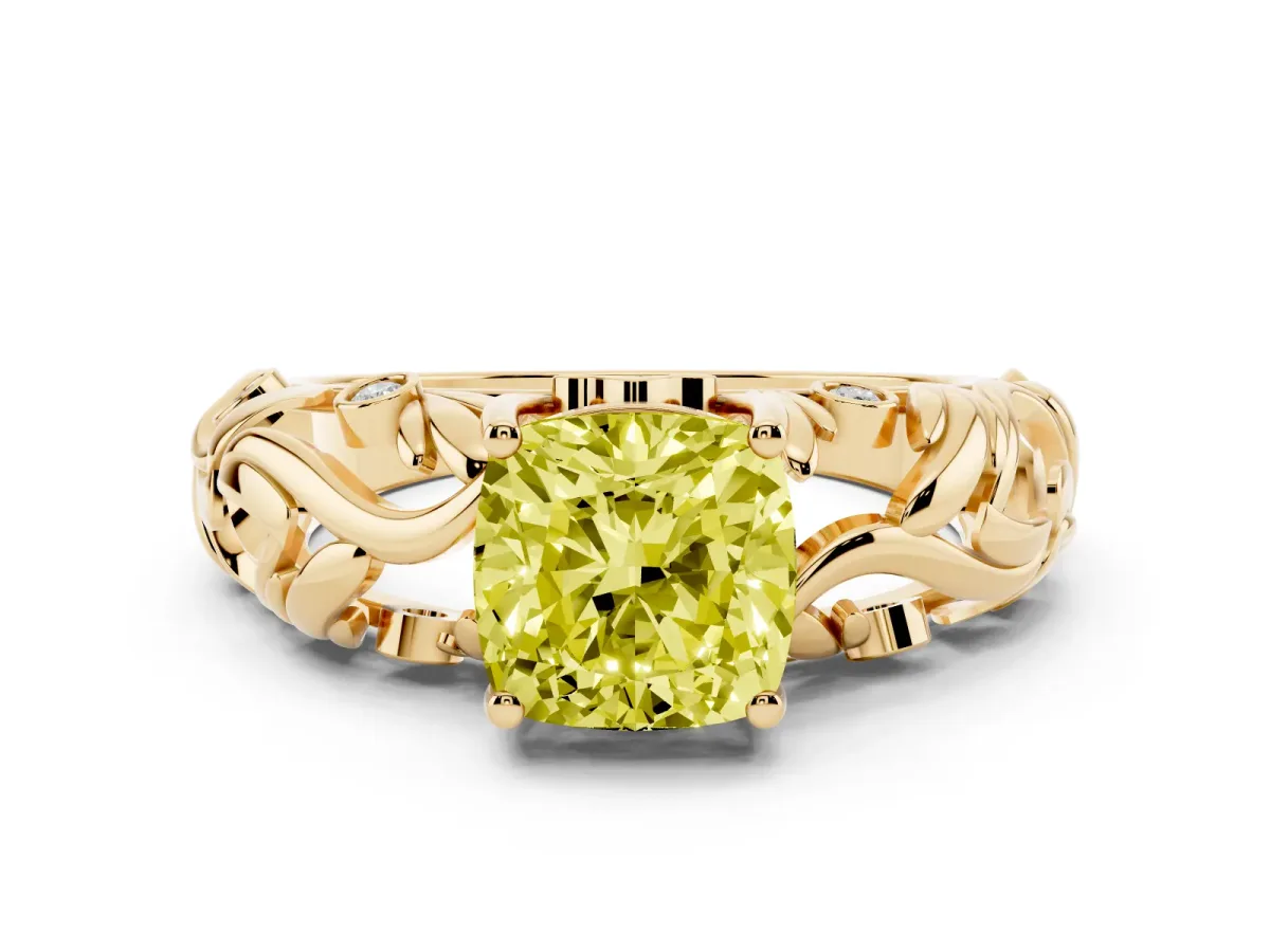 Fancy Yellow Cushion Cut Solitaire Diamond Leaf-Inspired Vine Band Ring with Prong Setting Yellow gold