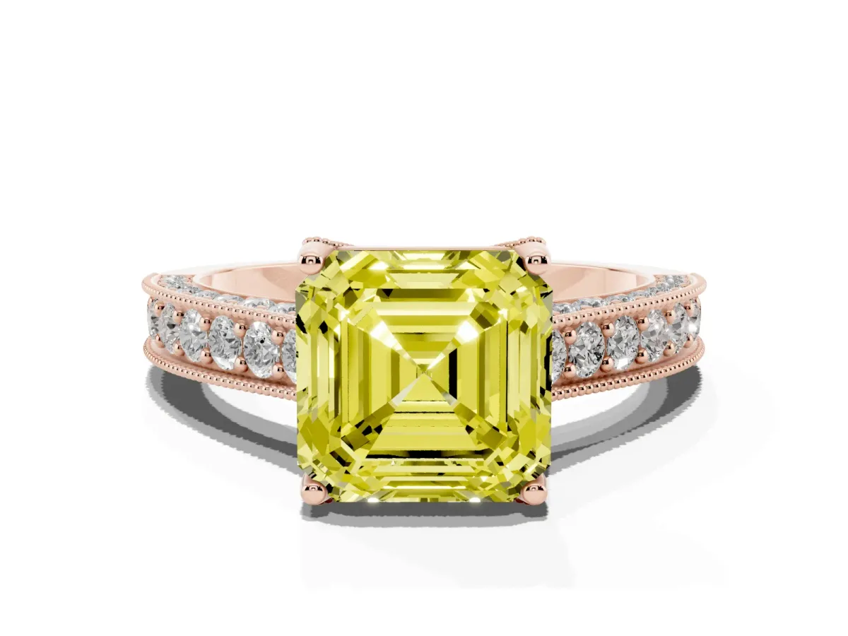 Fancy Yellow Asscher Cut Cut Diamond Solitaire Ring with Milgrain Pave Band and Four Prong Setting Rose gold