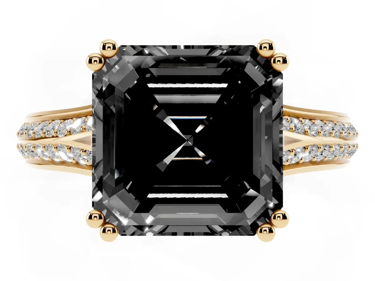 Fancy Black Asscher Cut Diamond Split Shank Engagement Ring with Pavé Band Yellow gold