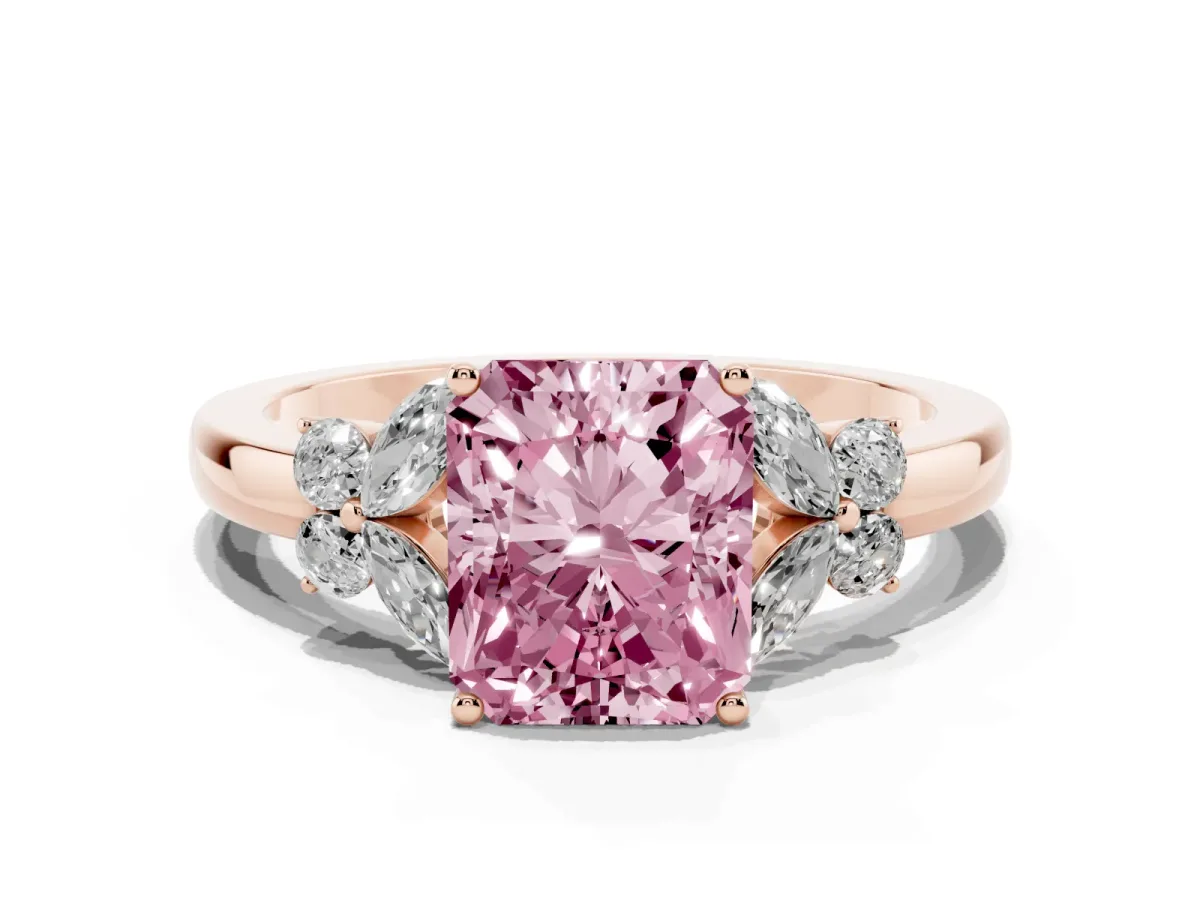 Fancy Pink Radiant Cut Cut Solitaire Floral Diamond Ring with Four-Prong Setting Rose gold