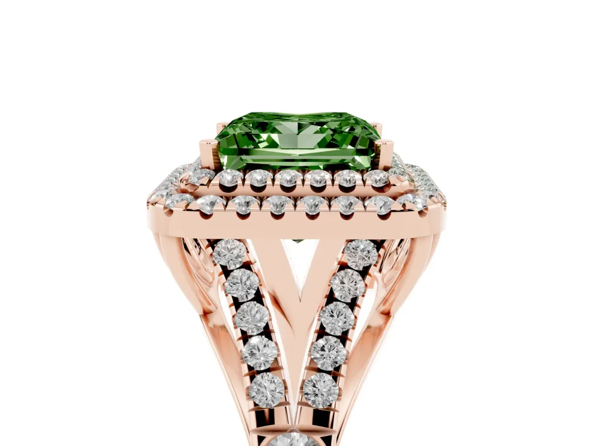 Fancy Green Double Halo Princess Cut Diamond Split Shank Engagement Ring with Four-Prong Setting Rose gold