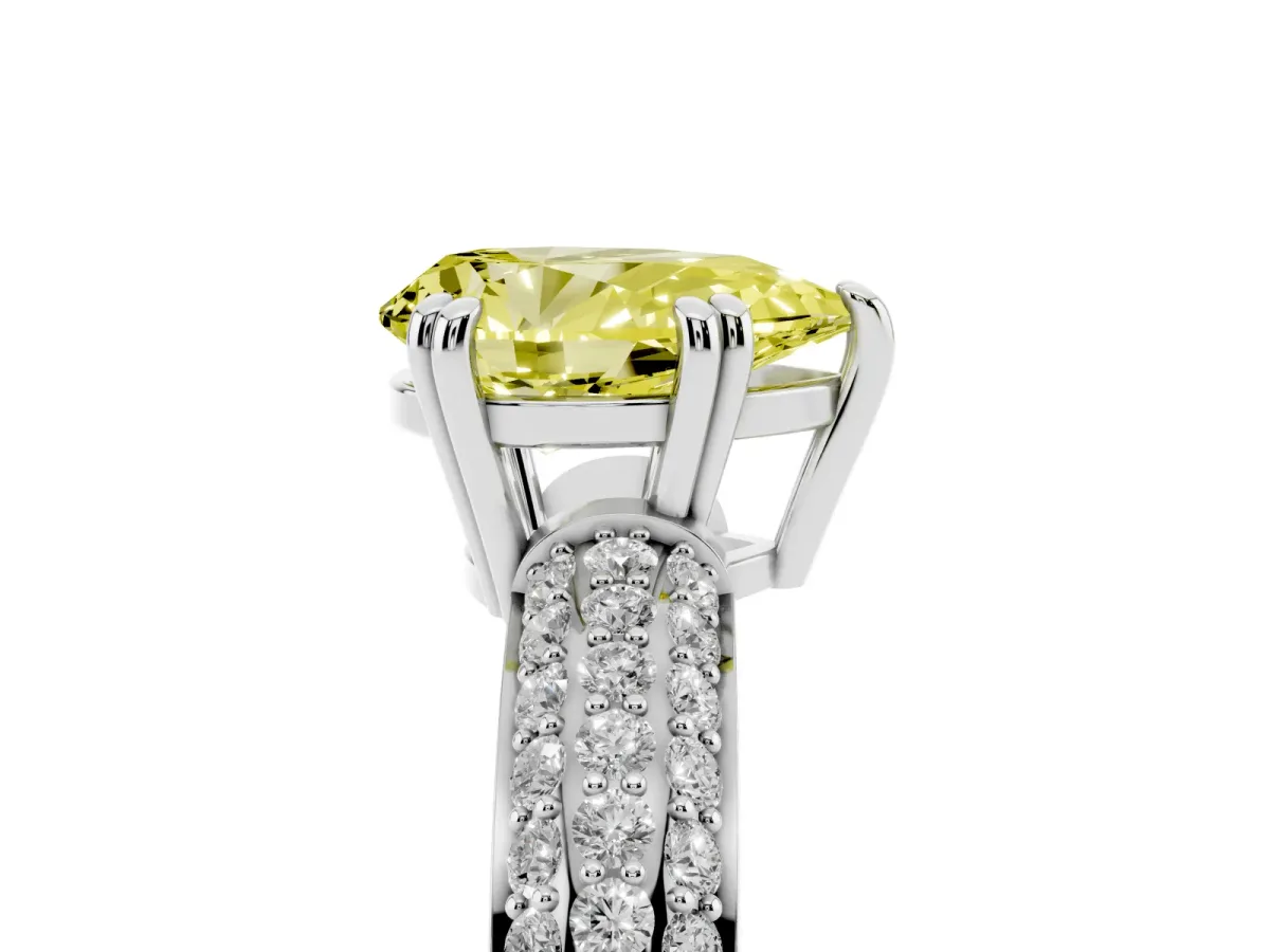 Fancy Yellow Pear Cut Diamond Solitaire Ring with Multi-Row Round Pavé Band and Prong Setting Silver