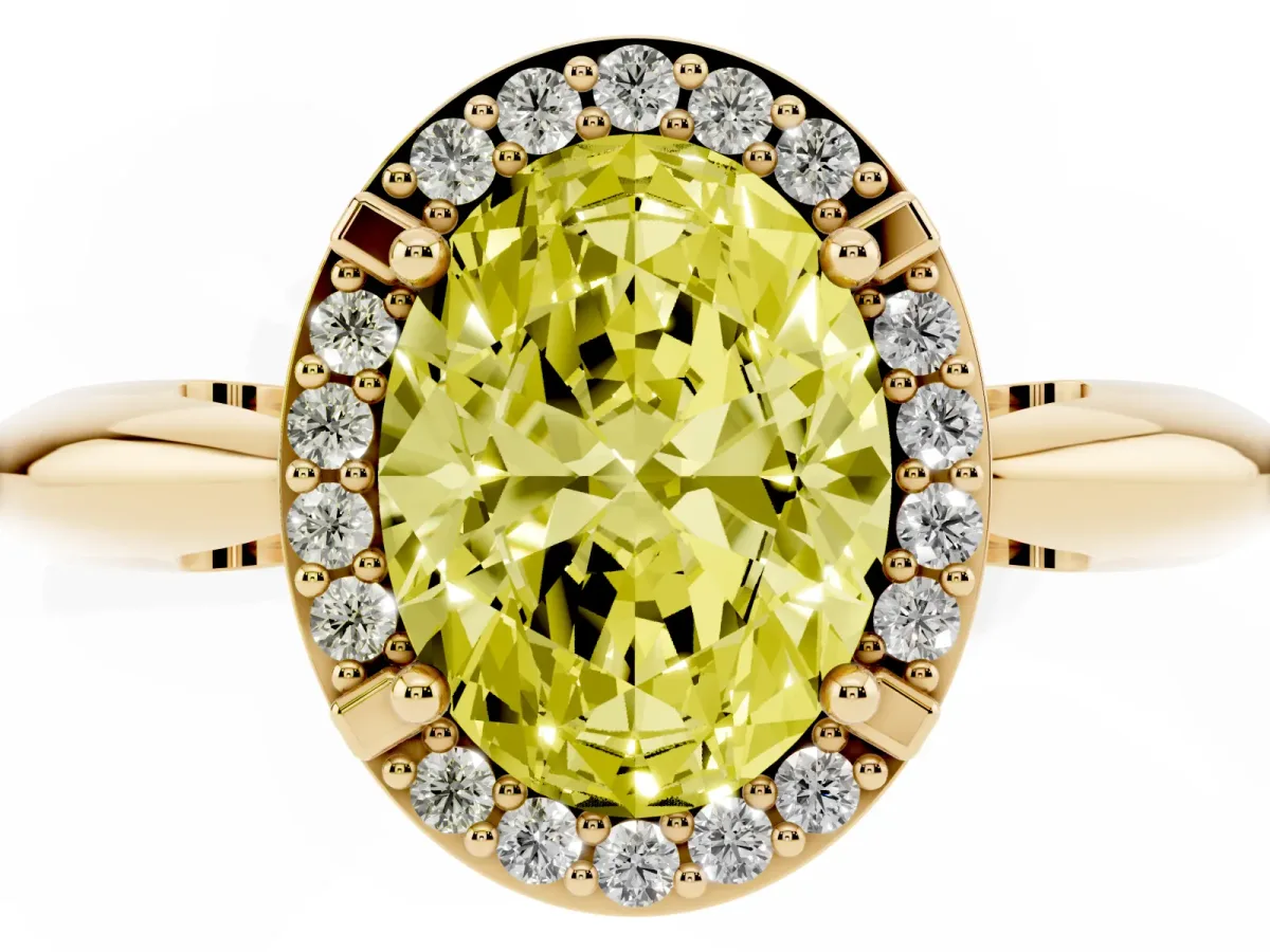 Fancy Yellow Oval Cut Cut Diamond Halo Engagement Ring with Split Shank and Four-Prong Setting Yellow gold