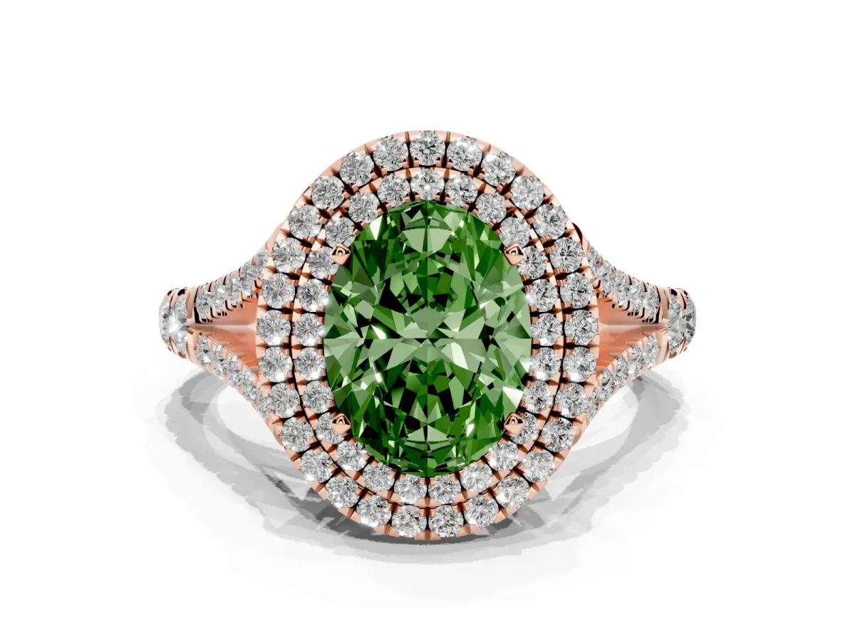 Fancy Green Oval Cut Cut Double Halo Split Shank Diamond Ring with Prong Setting Rose gold