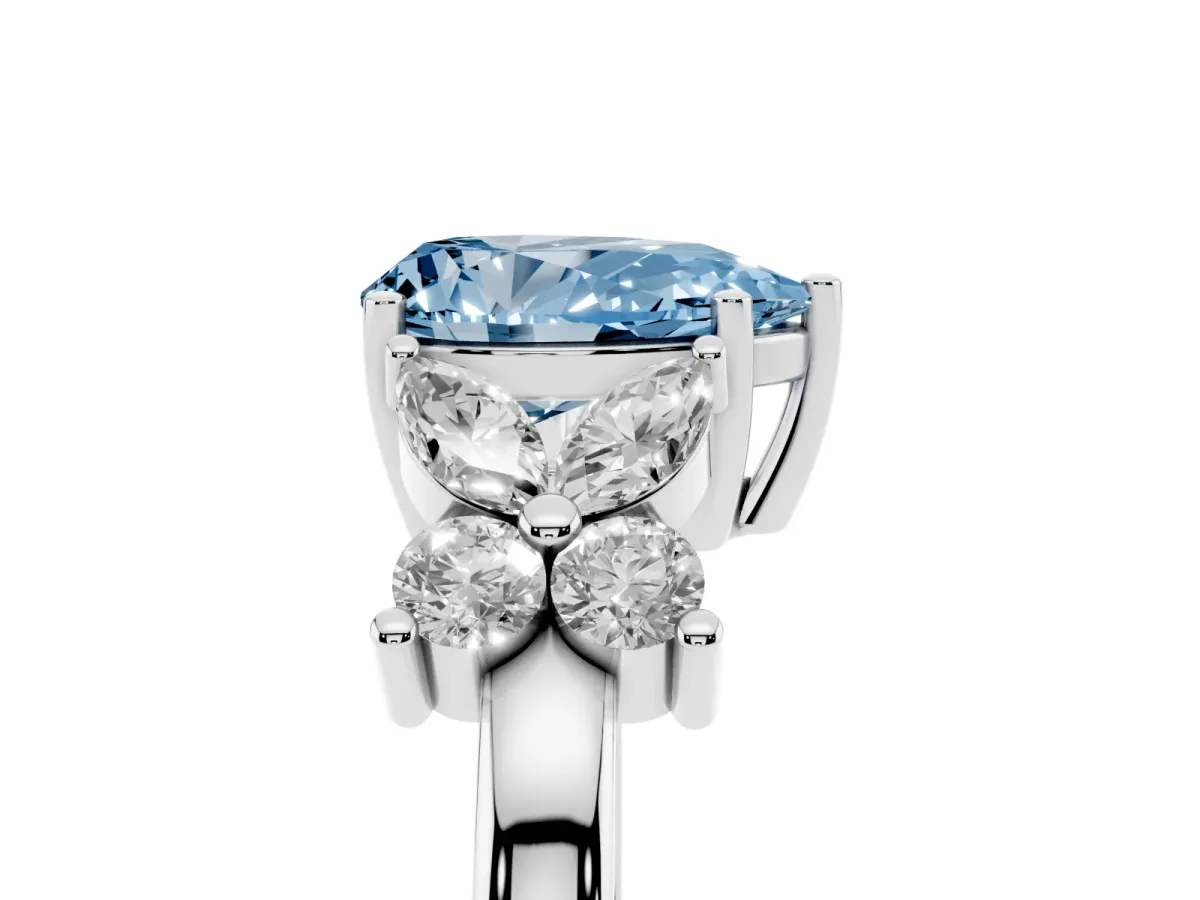 Fancy Blue Pear Cut Diamond Floral Cluster Ring with Solitaire Band and Prong Setting Silver
