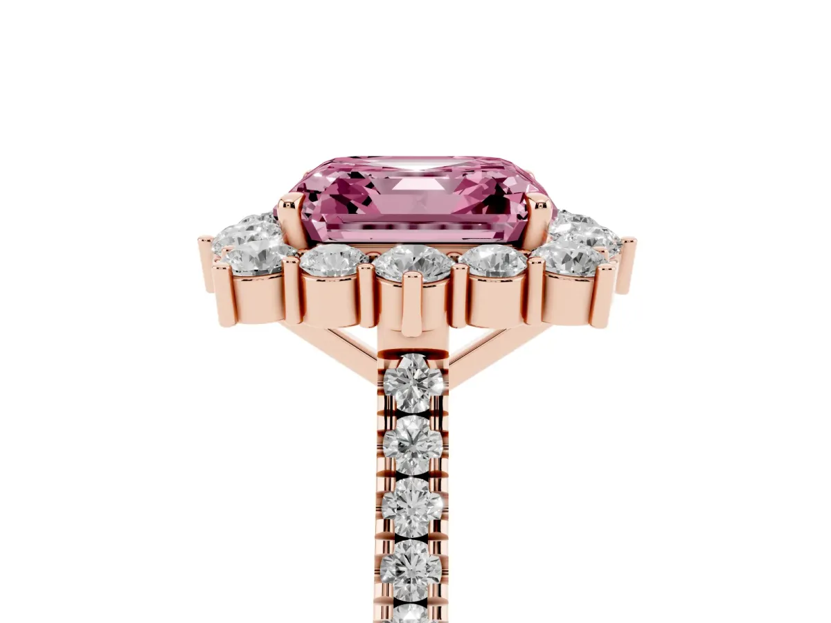 Fancy Pink Asscher Cut Halo Diamond Ring with Pavé Band and Prong Setting Rose gold