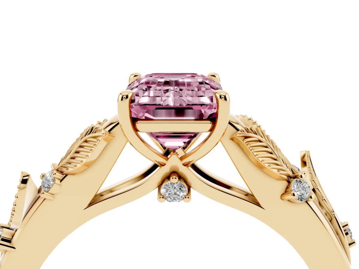 Fancy Pink Emerald Cut Diamond Solitaire Ring with Leaf Motif Band and Four-Prong Setting Yellow gold