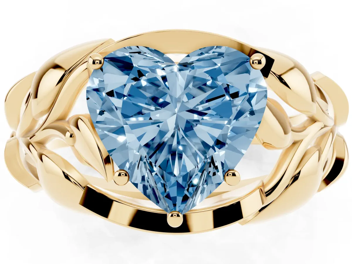 Fancy Blue Heart Cut Diamond Leaf-Inspired Engagement Ring with Round Accents and Prong Setting Yellow gold
