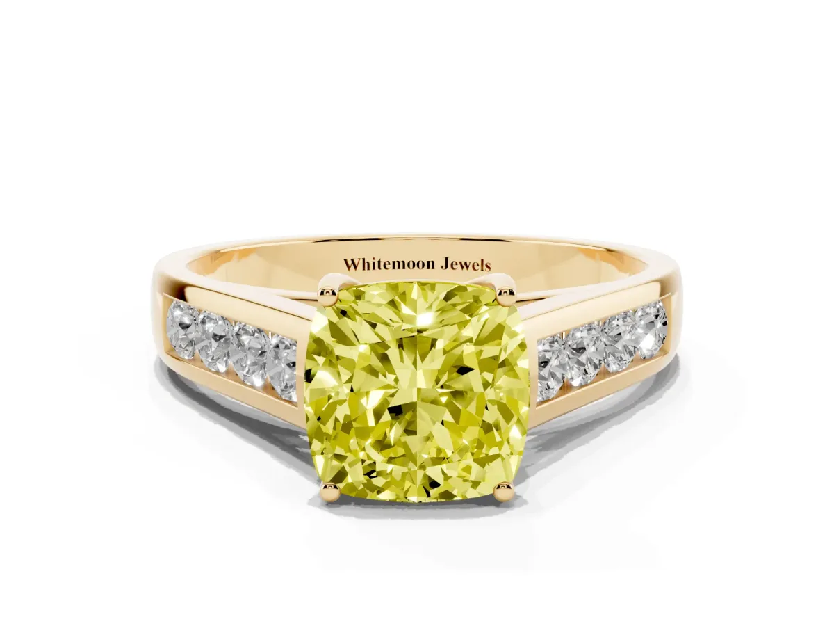 Fancy Yellow Cushion Cut Solitaire Channel-Set Diamond Engagement Ring with Four-Prong Setting Yellow gold