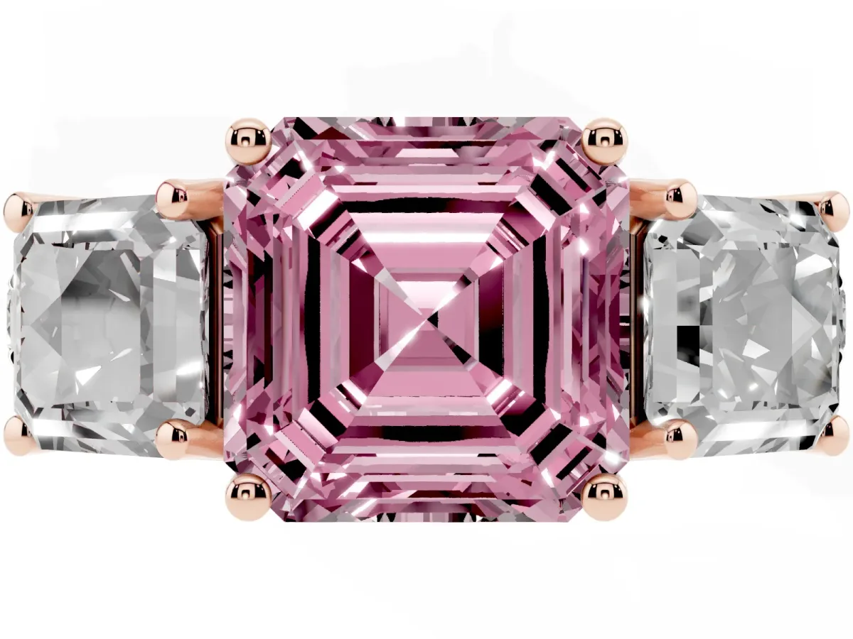 Fancy Pink Three-Stone Asscher Cut Diamond Pavé Band with Prong Setting Rose gold