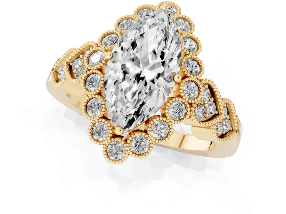 Marquise Cut Brilliant Milgrain Pave Heart Band Solitaire Ring Yellow gold