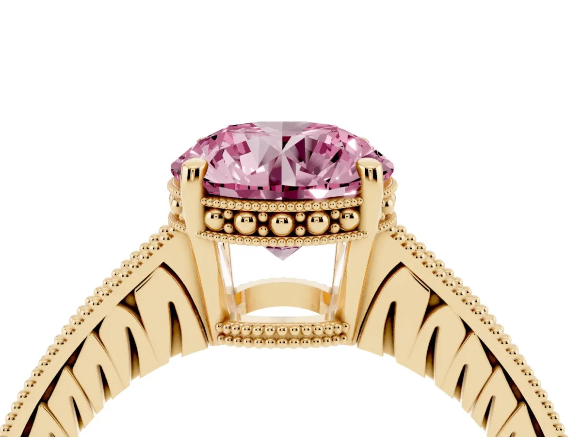 Fancy Pink Round Cut Solitaire Pavé Diamond Milgrain Engagement Ring with Four-Prong Setting Yellow gold