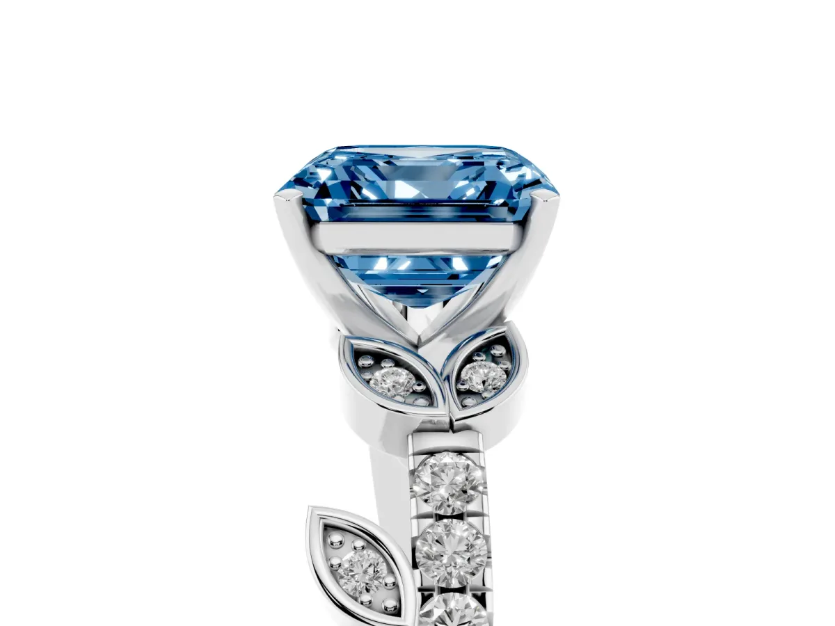 Fancy Blue Asscher Cut Solitaire Leaf-Inspired Diamond Ring with Pavé Band and Four-Prong Setting Silver