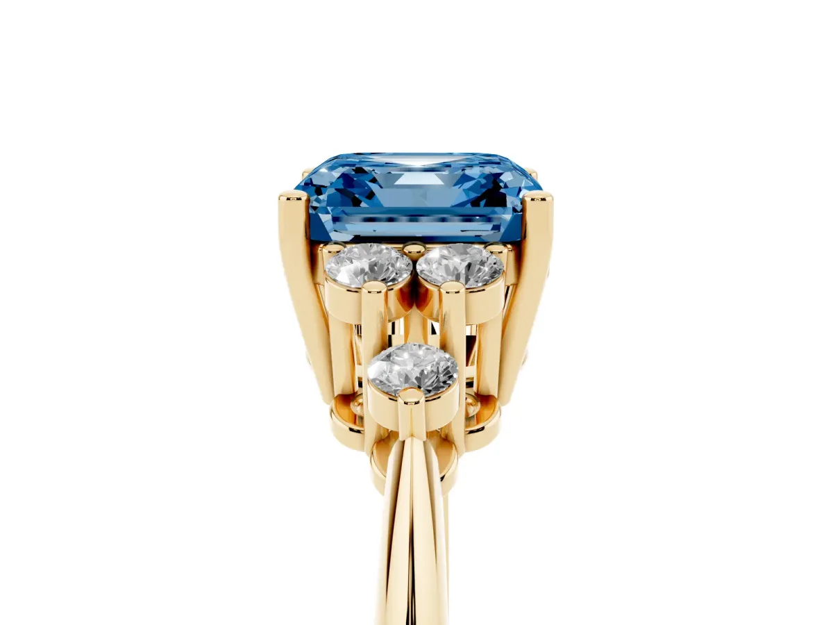 Fancy Blue Asscher Cut Cut Diamond Cluster Ring with Solitaire Band and Four-Prong Setting Yellow gold