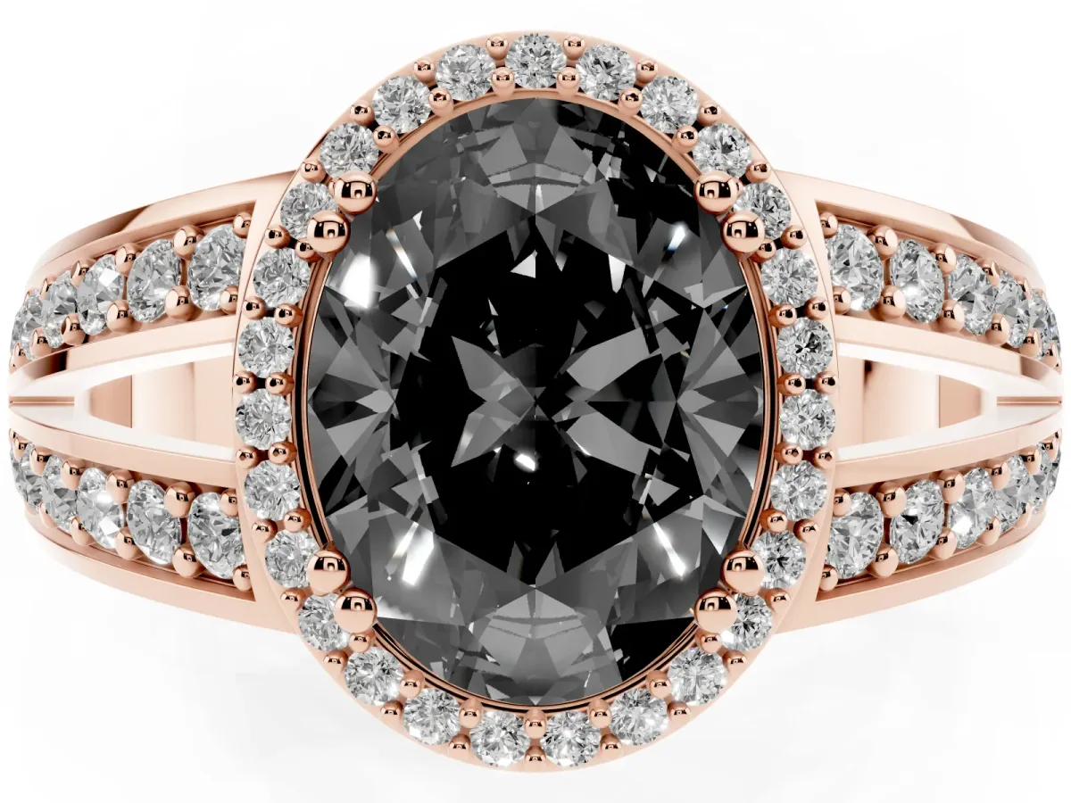 Fancy Black Oval Cut Diamond Halo Ring with Split Shank Pavé Band and Four-Prong Setting Rose gold