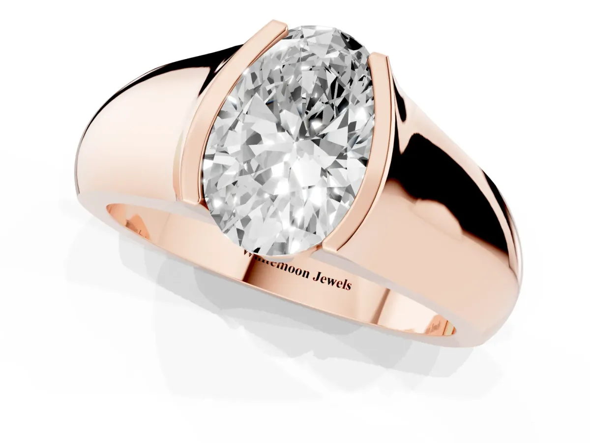 Oval Cut Solitaire Bezel Set Diamond Ring with Wide Band Rose gold