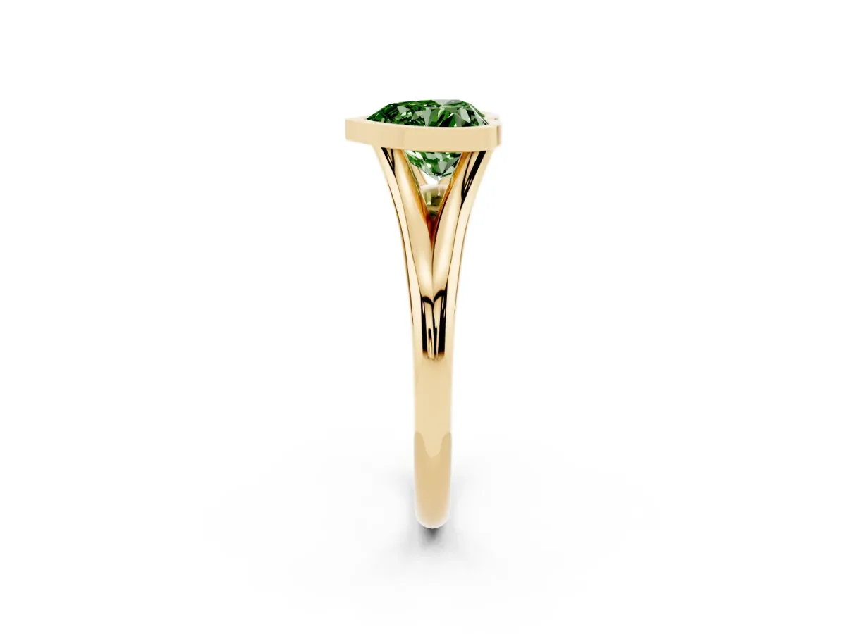 Fancy Green Bezel Set Heart Cut Cut Solitaire Ring with Tapered Band Yellow gold