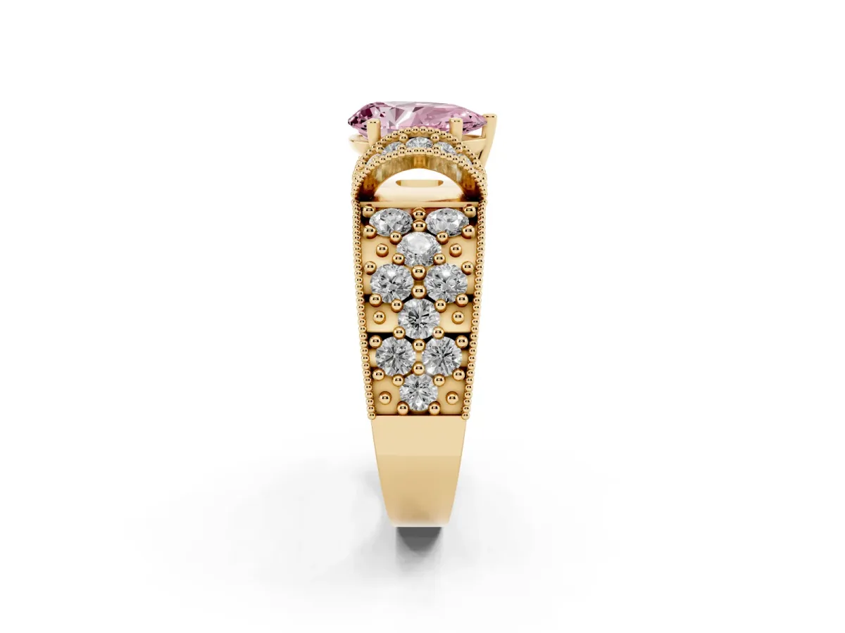 Fancy Pink Pear Cut Halo Pave Diamond Engagement Ring with Milgrain Detailing Yellow gold