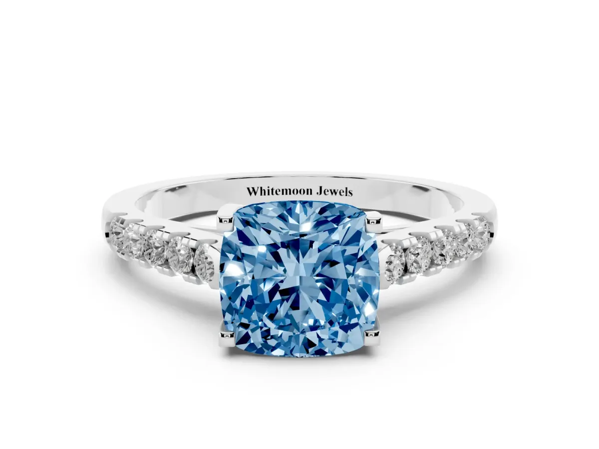 Fancy Blue Cushion Cut Diamond Pavé Band Solitaire Ring with Prong Setting Platinum
