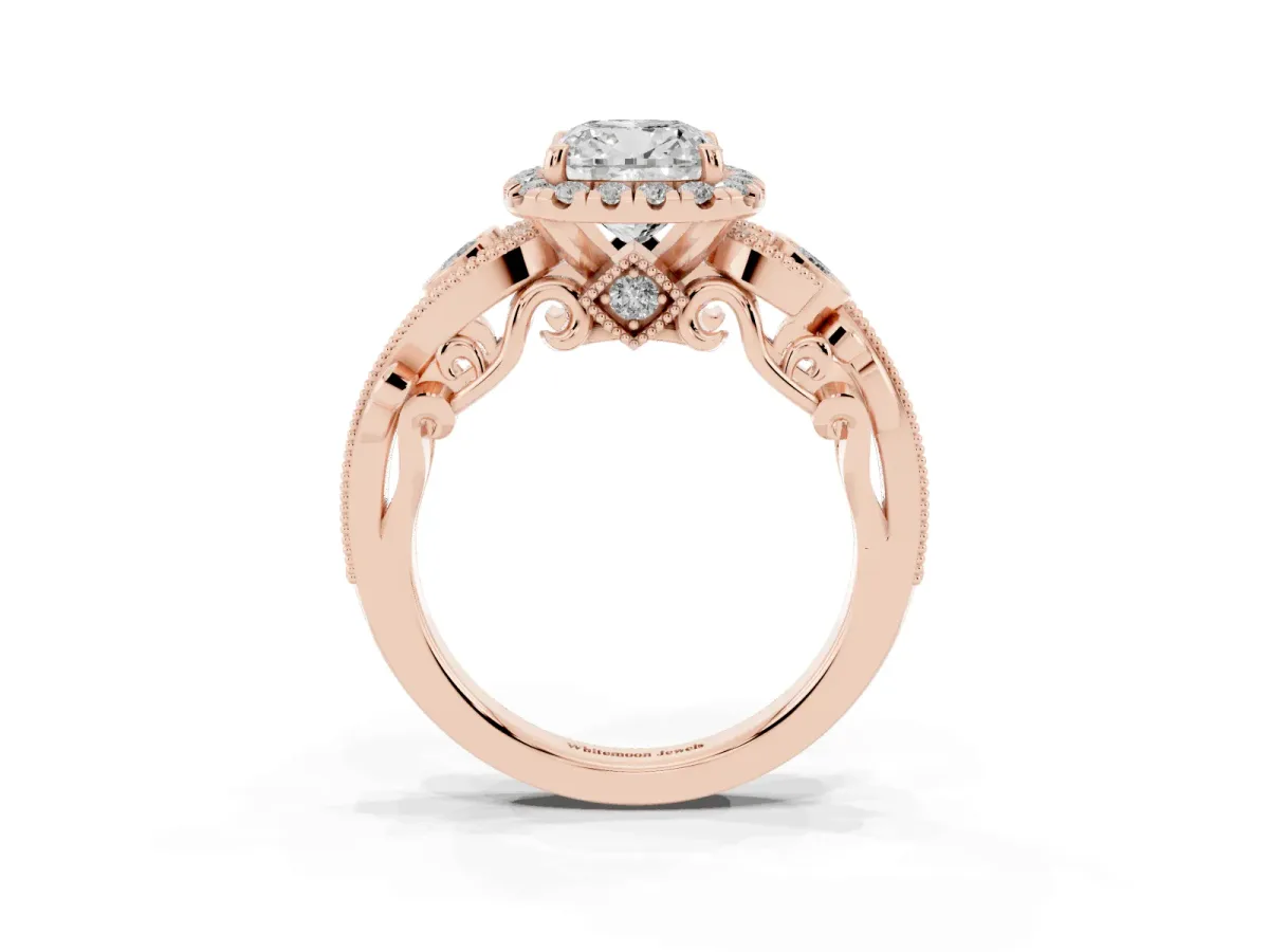 Cushion Cut Diamond Halo Ring with Milgrain Pavé Band and Four-Prong Setting Rose gold