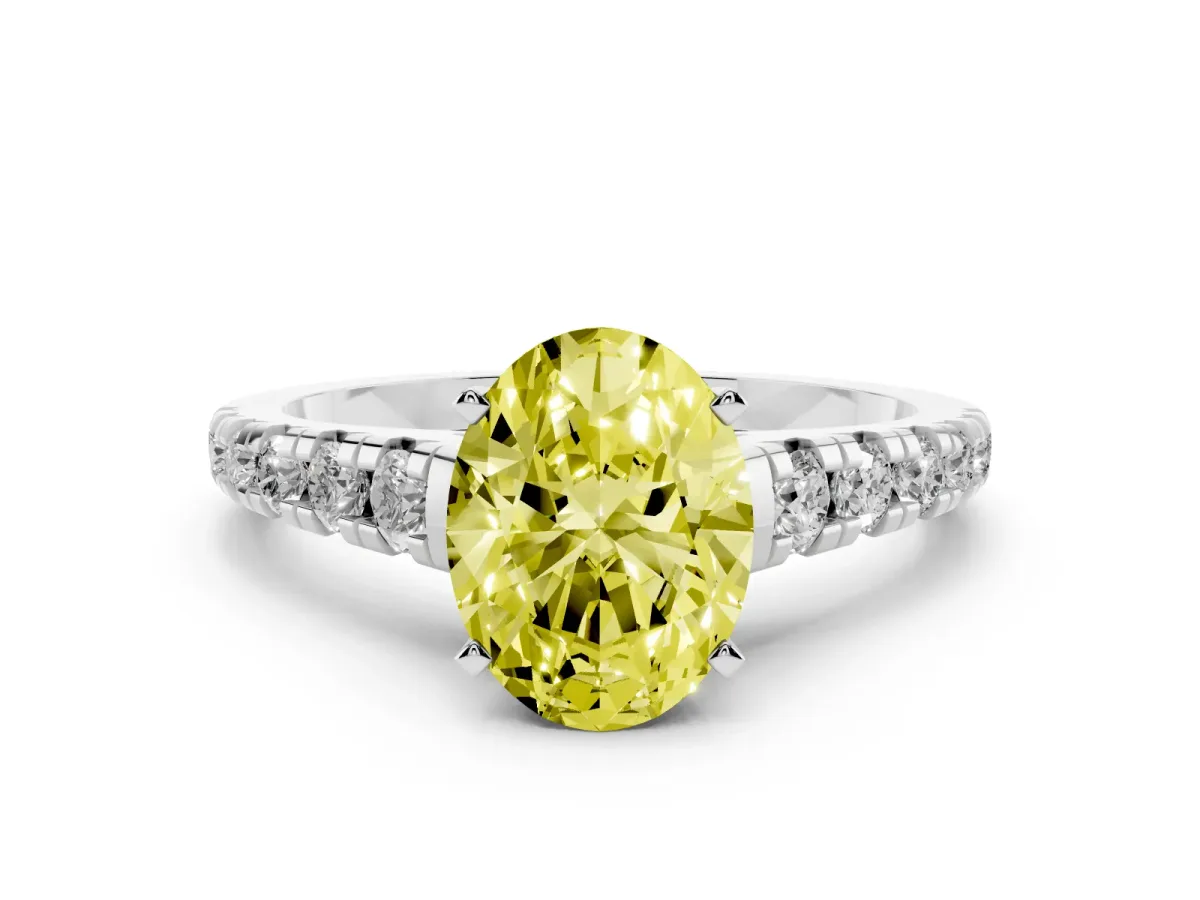 Fancy Yellow Oval Cut Diamond Cathedral Solitaire Ring with Round Pavé Band Silver