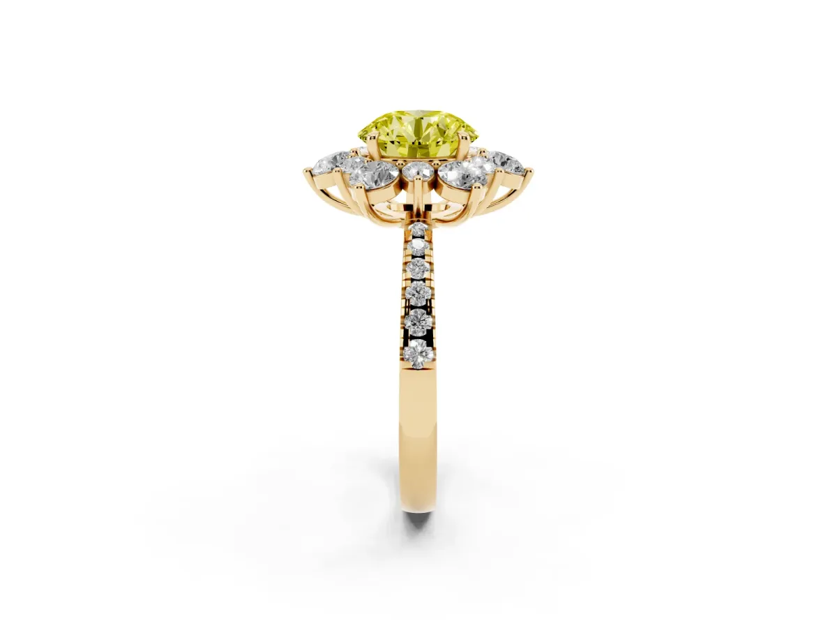Fancy Yellow Round Cut Diamond Floral Halo Ring with Round Pavé Band and Prong Setting Yellow gold