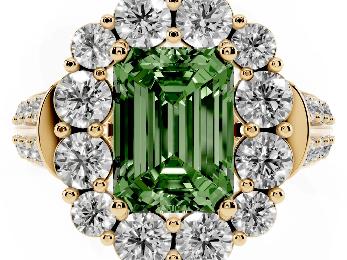 Fancy Green Emerald Cut Halo Diamond Engagement Ring with Split Shank and Prong Setting Yellow gold