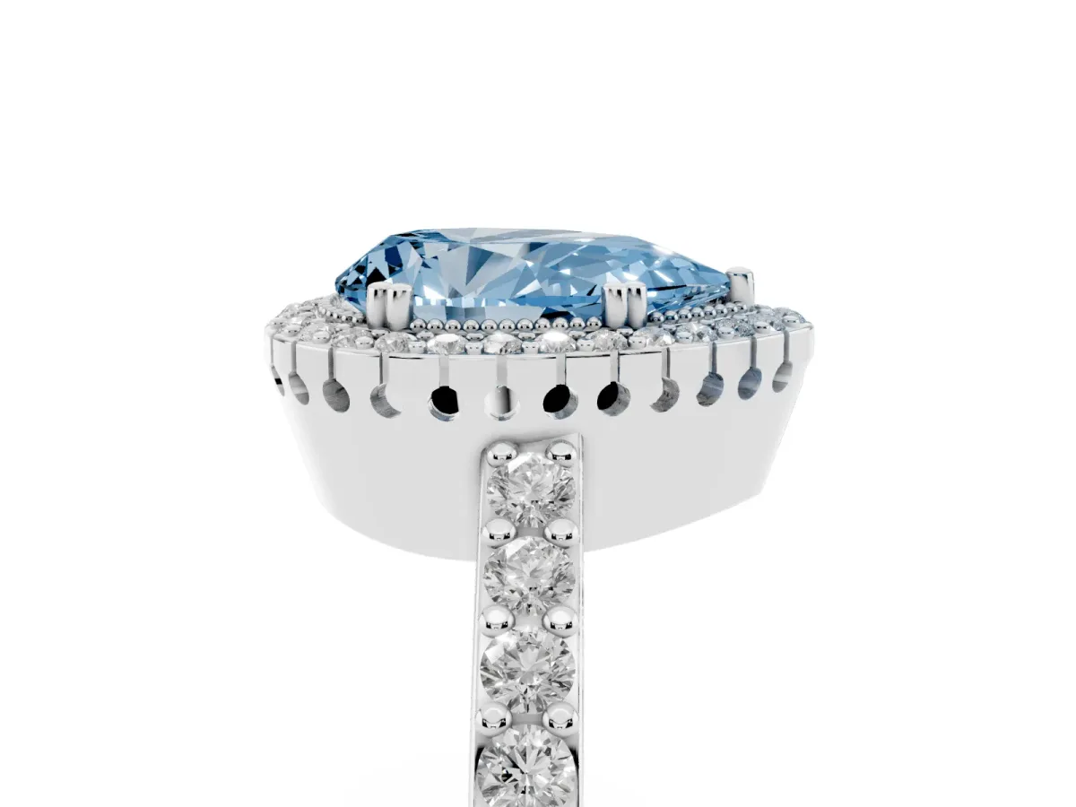Fancy Blue Pear Cut Cut Diamond Halo Engagement Ring with Milgrain Detail and Pavé Band White gold