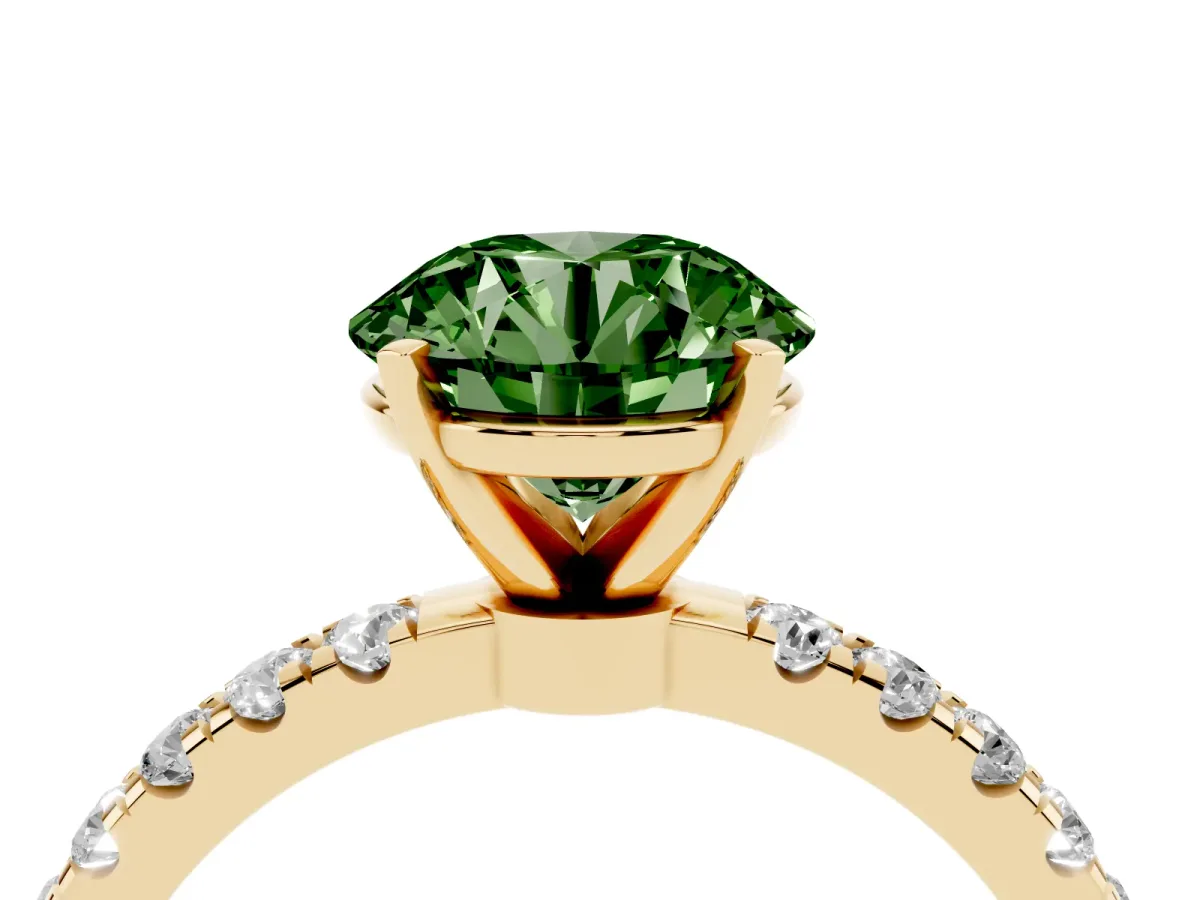 Fancy Green Round Cut Diamond Solitaire Ring with Pavé Accents and Four-Prong Setting Yellow gold