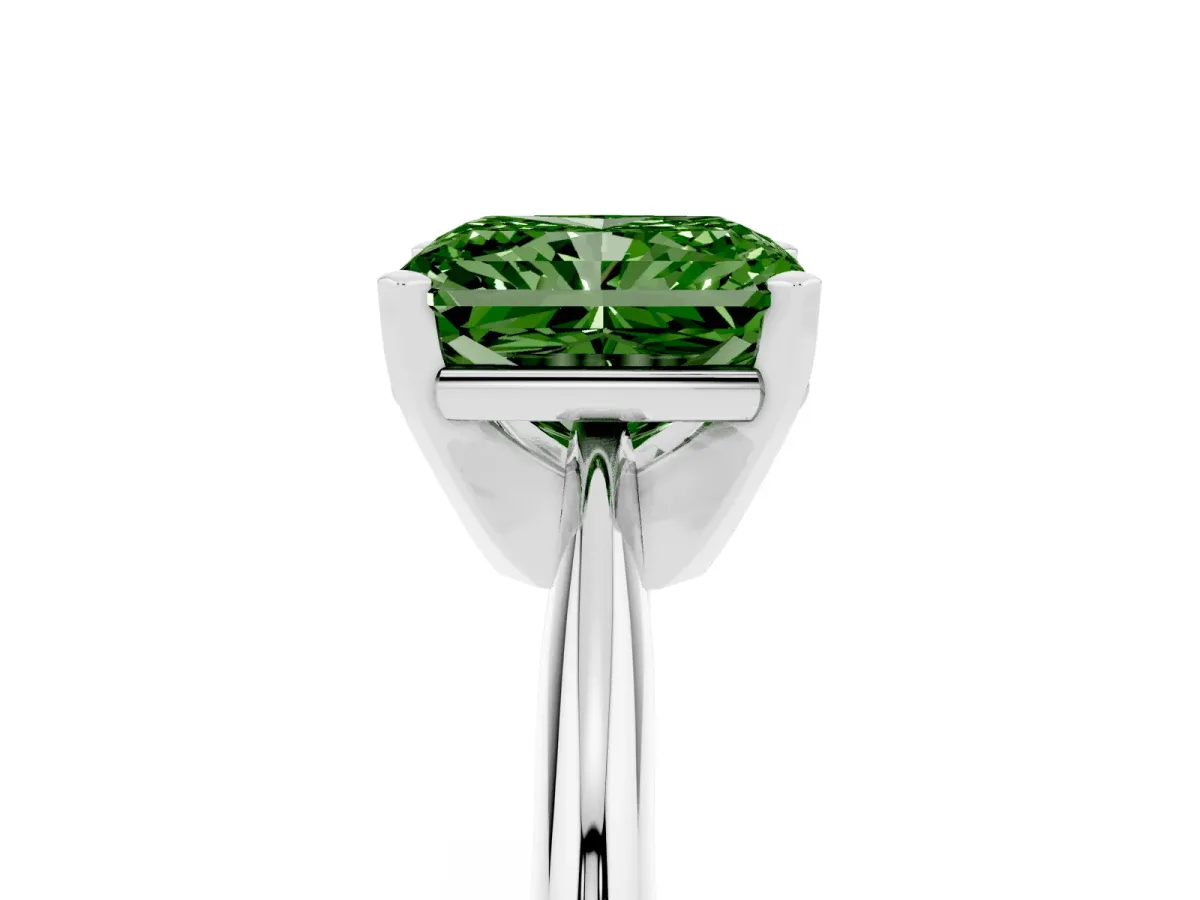 Fancy Green Radiant Cut Cut Solitaire Ring with Four-Prong Setting on a Classic Band Silver