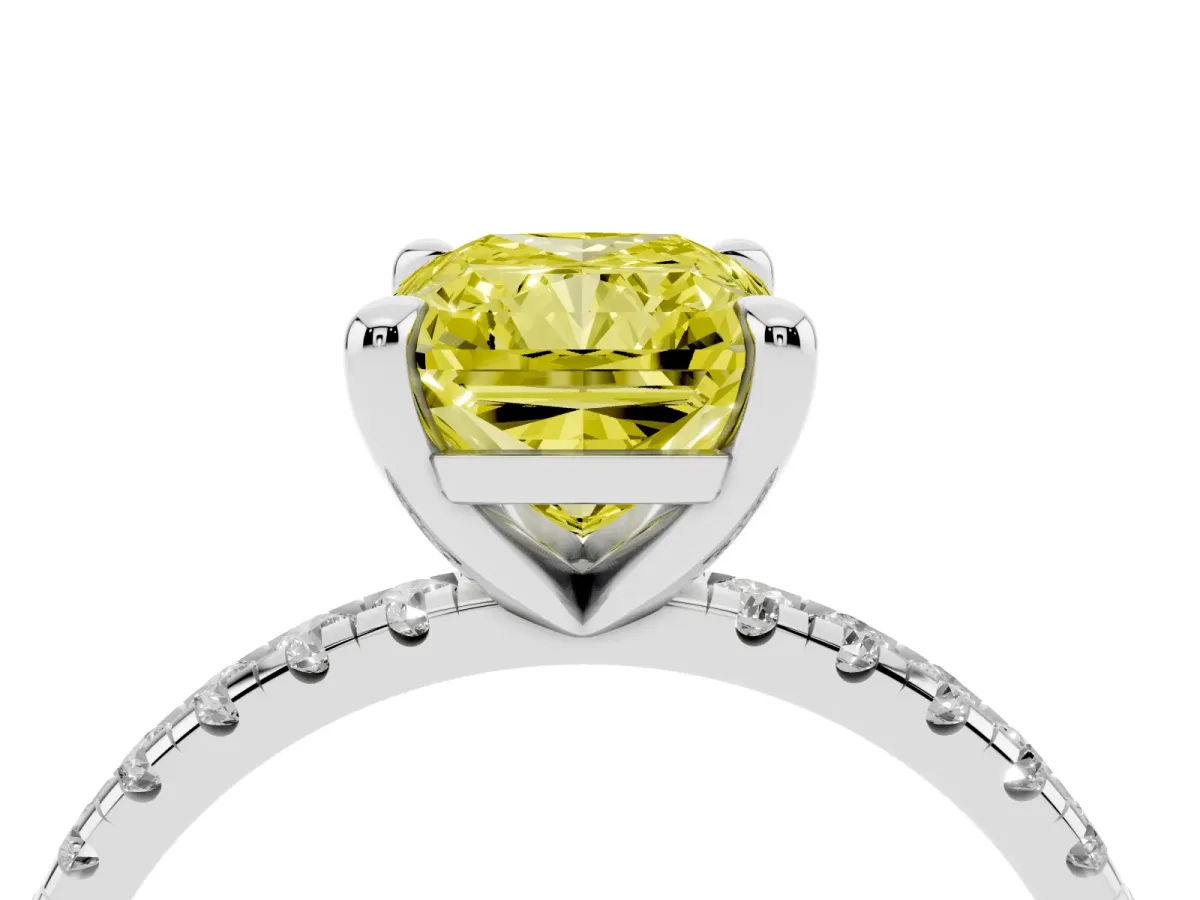 Fancy Yellow Radiant Cut Diamond Brilliant Solitaire Ring with Pavé Band and Four-Prong Setting Silver