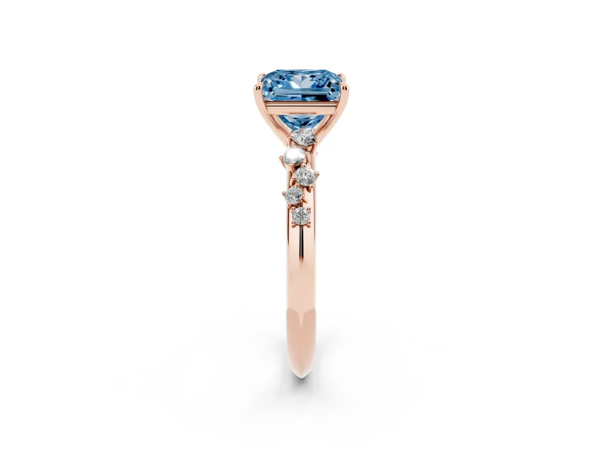 Fancy Blue Princess Cut Diamond Cluster Side Stone Solitaire Ring with Prong Setting Rose gold