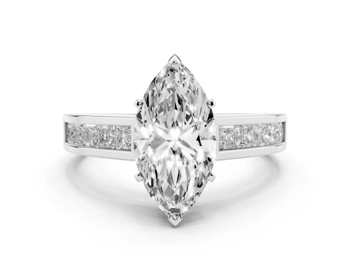 Marquise Cut Solitaire Diamond Ring with Channel-Set Band and Four-Prong Setting Silver