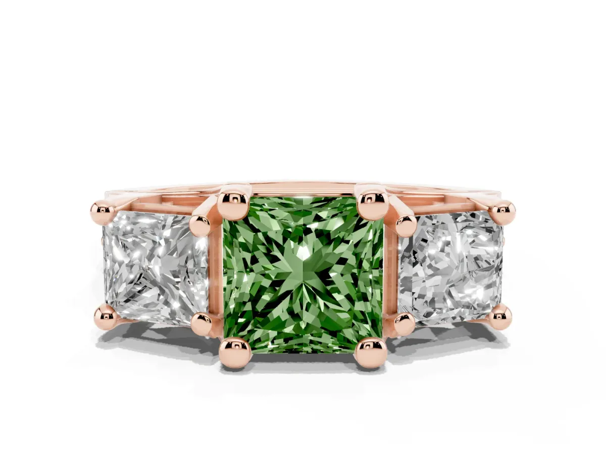 Fancy Green Princess Cut Diamond Three-Stone Ring with Channel Set Band and Four-Prong Setting Rose gold
