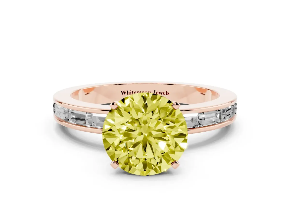 Fancy Yellow Round Cut Solitaire Diamond Ring with Channel-Set Baguette Band and Four-Prong Setting Rose gold