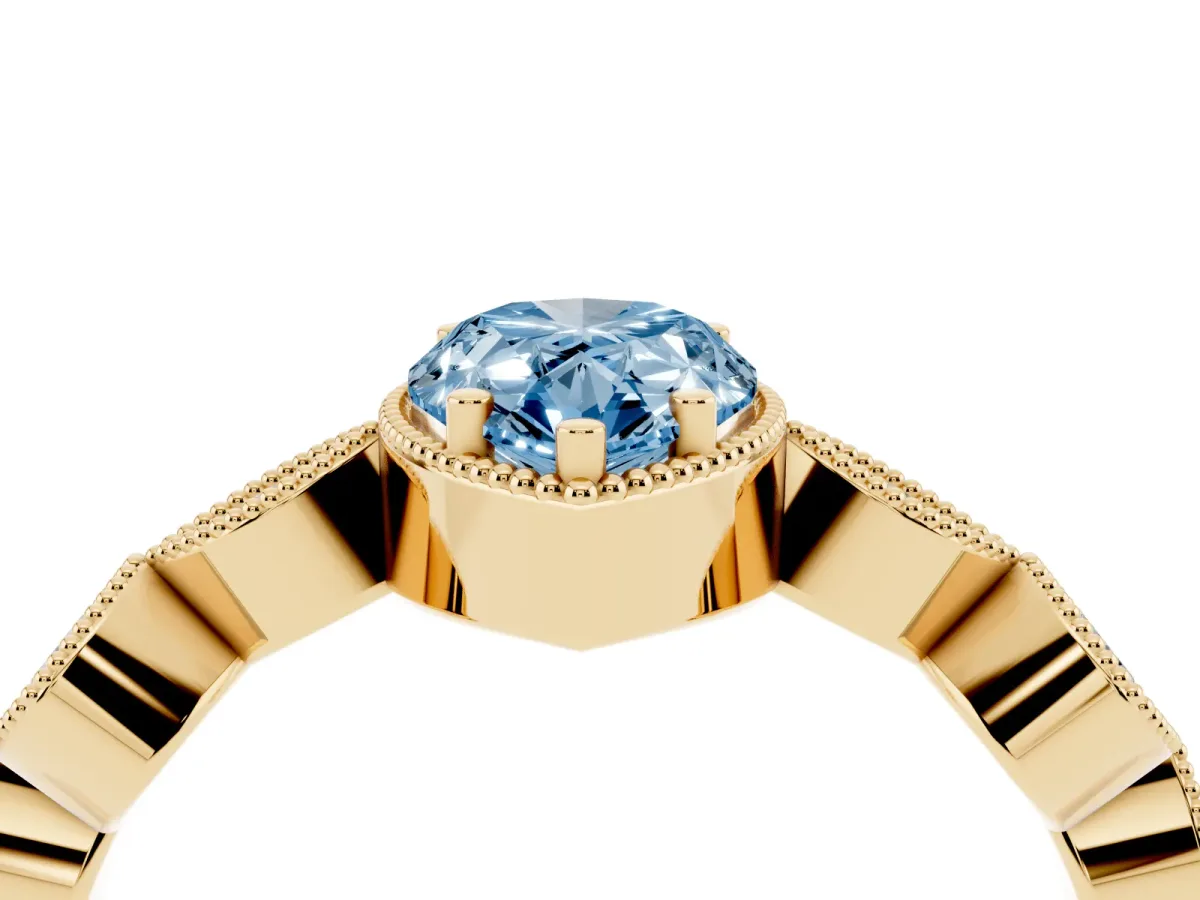 Fancy Blue Pear Cut Diamond Vintage Milgrain Ring with Round Stations Yellow gold