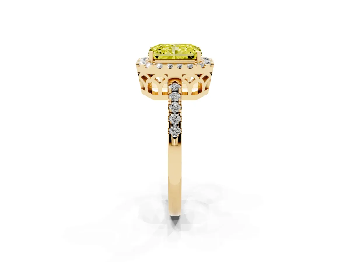 Fancy Yellow Radiant Cut Halo Diamond Engagement Ring with Pavé Band and Four-Prong Setting Yellow gold