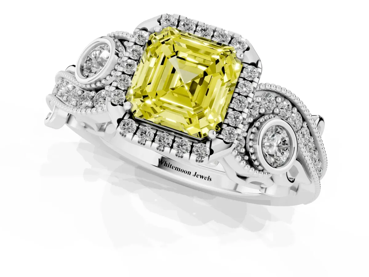 Fancy Yellow Asscher Cut Halo Diamond Ring with Milgrain and Bezel Accents on a Split Shank Band Platinum