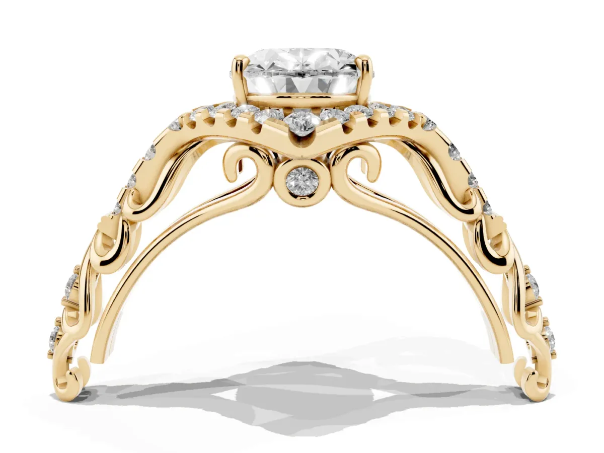 Oval Cut Diamond Solitaire Ring with Hidden Halo and Pavé Band Yellow gold