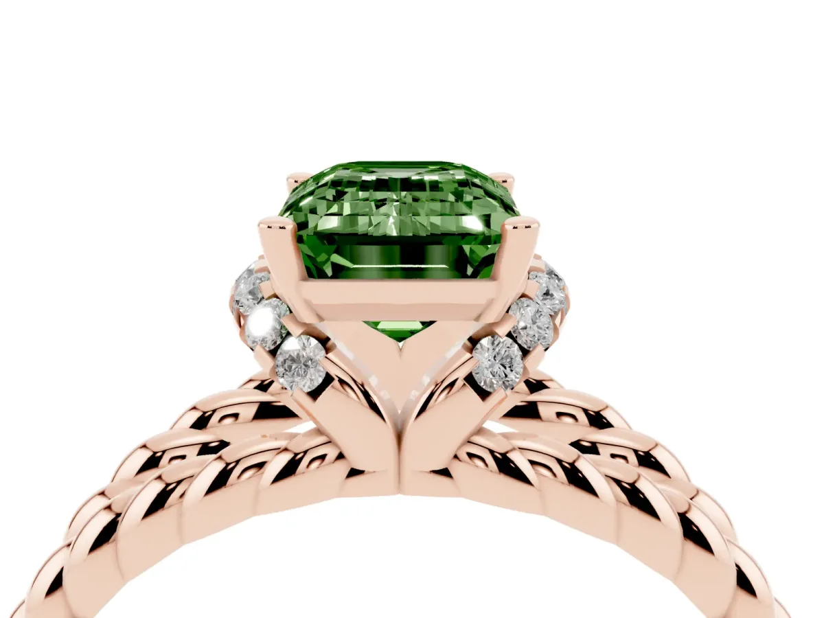 Fancy Green Emerald Cut Halo Twisted Band Four-Prong Ring Rose gold